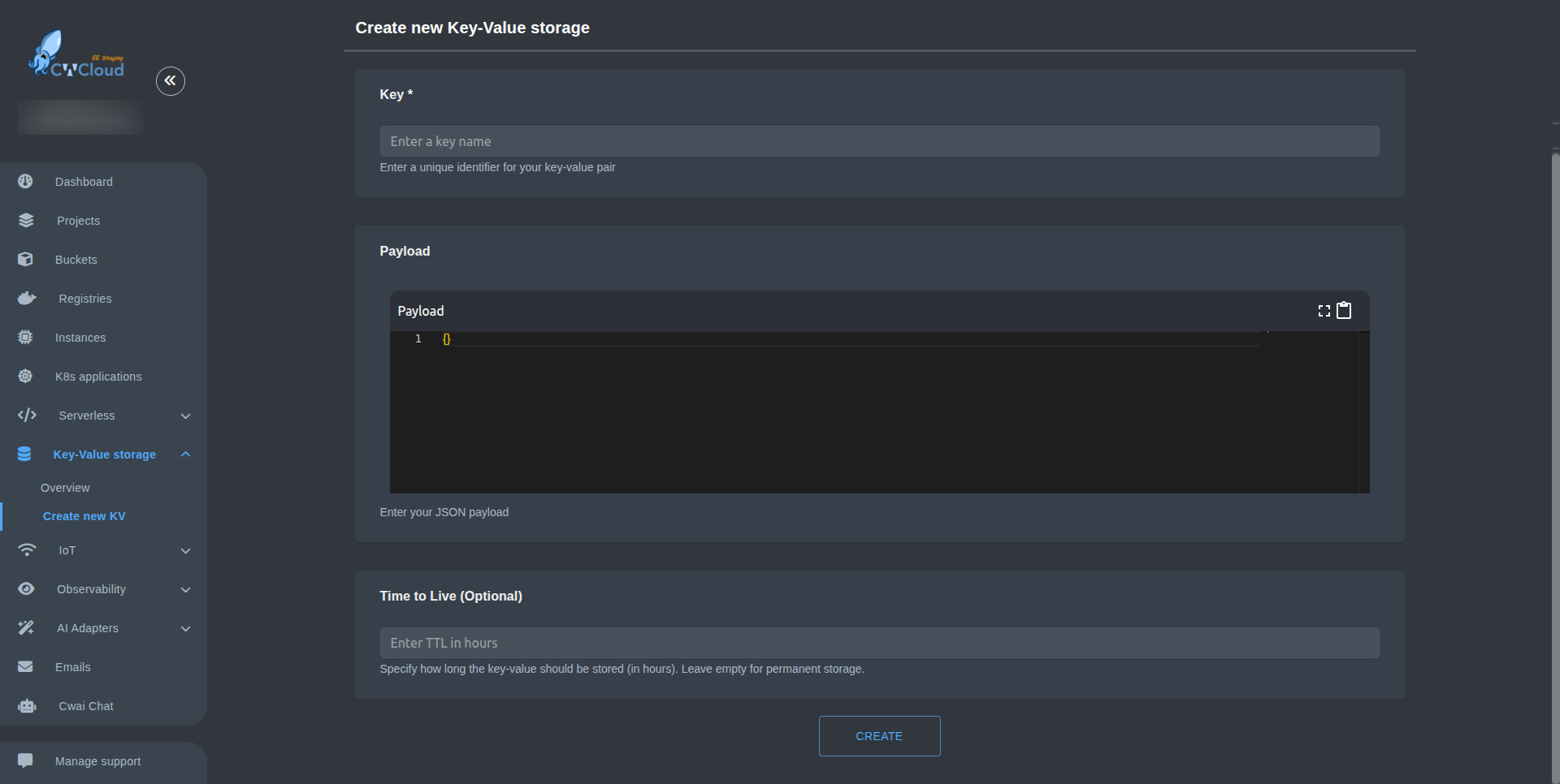 KV storage create form